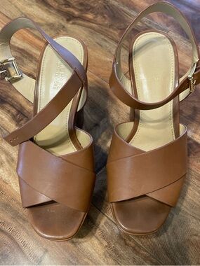 Michael Kors Brown Leather Cross-Strap Heeled Sandals
